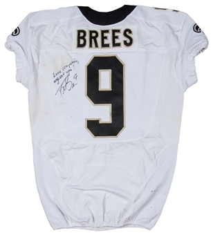 2015 Drew Brees Game Used and Signed/Inscribed Photomatched New Orleans Saints White Road Jersey (Meigray & JSA)